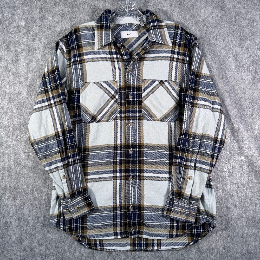 Tna Shirt Womens Size XS White Blue Long Sleeve Organic Cotton Flannel Aritzia - Picture 2 of 11